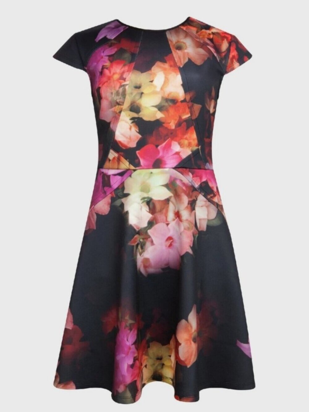 Ted Baker Embla Black Pink Cascading Floral Skater Dress Size 2 Wedding Guest